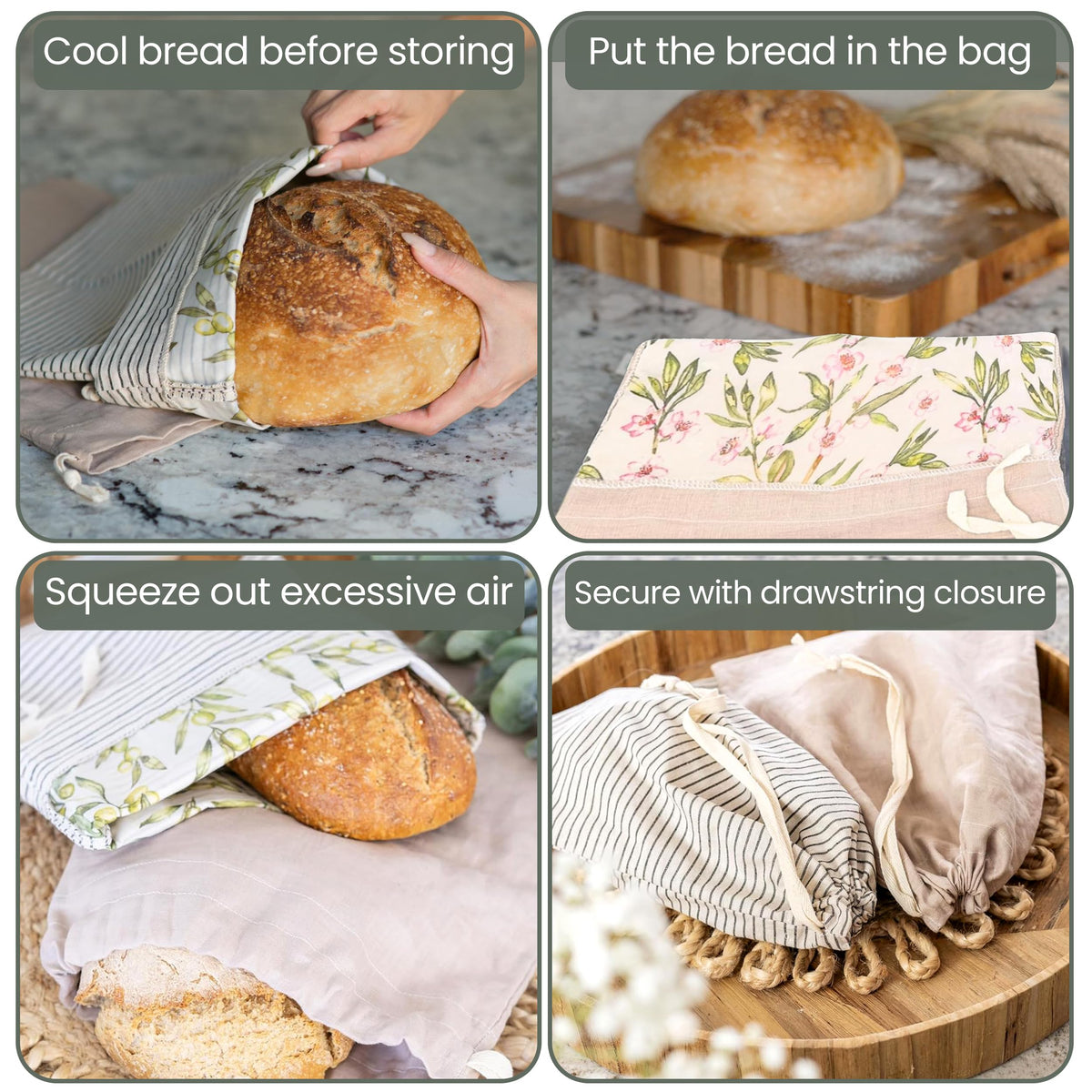 Drawstring closure on Ark & Aron bread bag keeps bread securely stored.