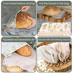 Drawstring closure on Ark & Aron bread bag keeps bread securely stored.