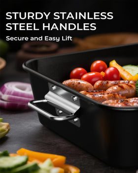 Armorbear foldable stainless steel handles provide a secure grip with oven mitts.