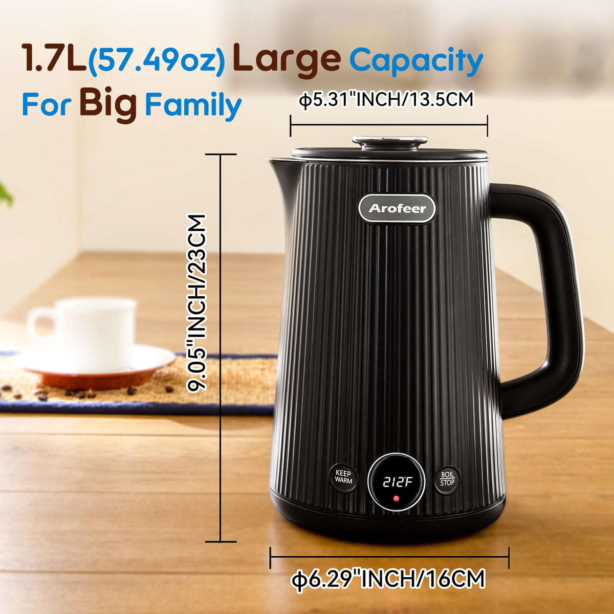 Arofeer 1.7L kettle with digital display for real-time temperature and precise brewing.