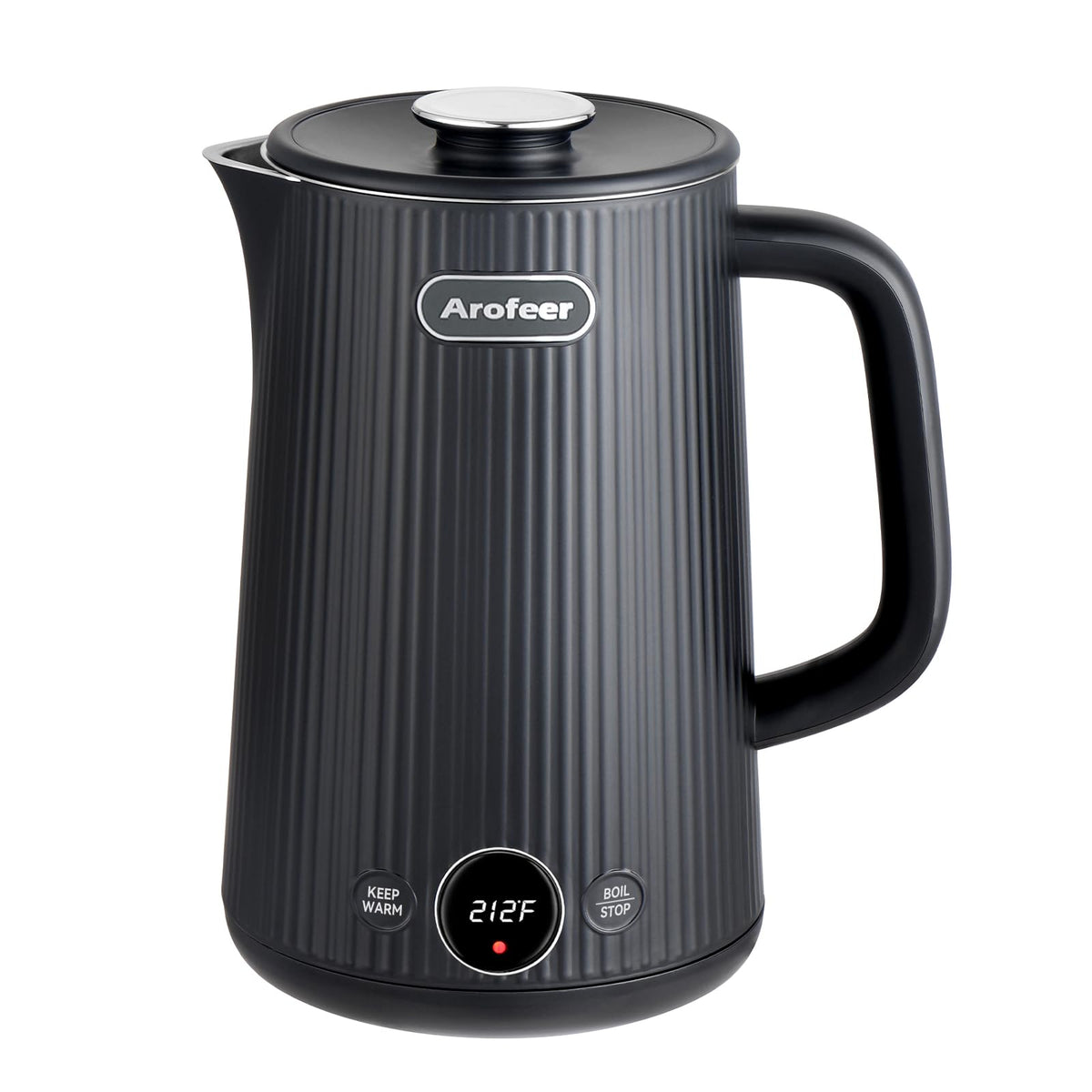 Arofeer 1.7L kettle front view shows large capacity for tea or coffee.