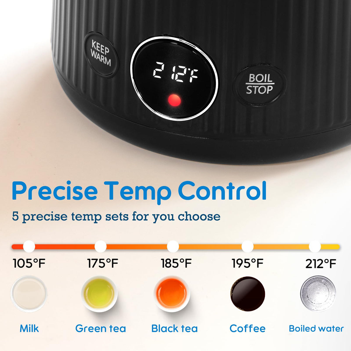 Arofeer 1.7L kettle temperature presets help brew tea, coffee, and more.