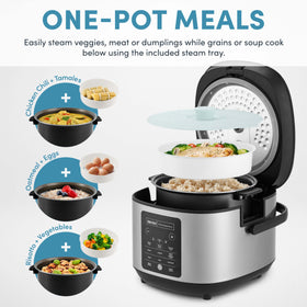 AROMA 12-Cup rice cooker with steam tray for simultaneous cooking.