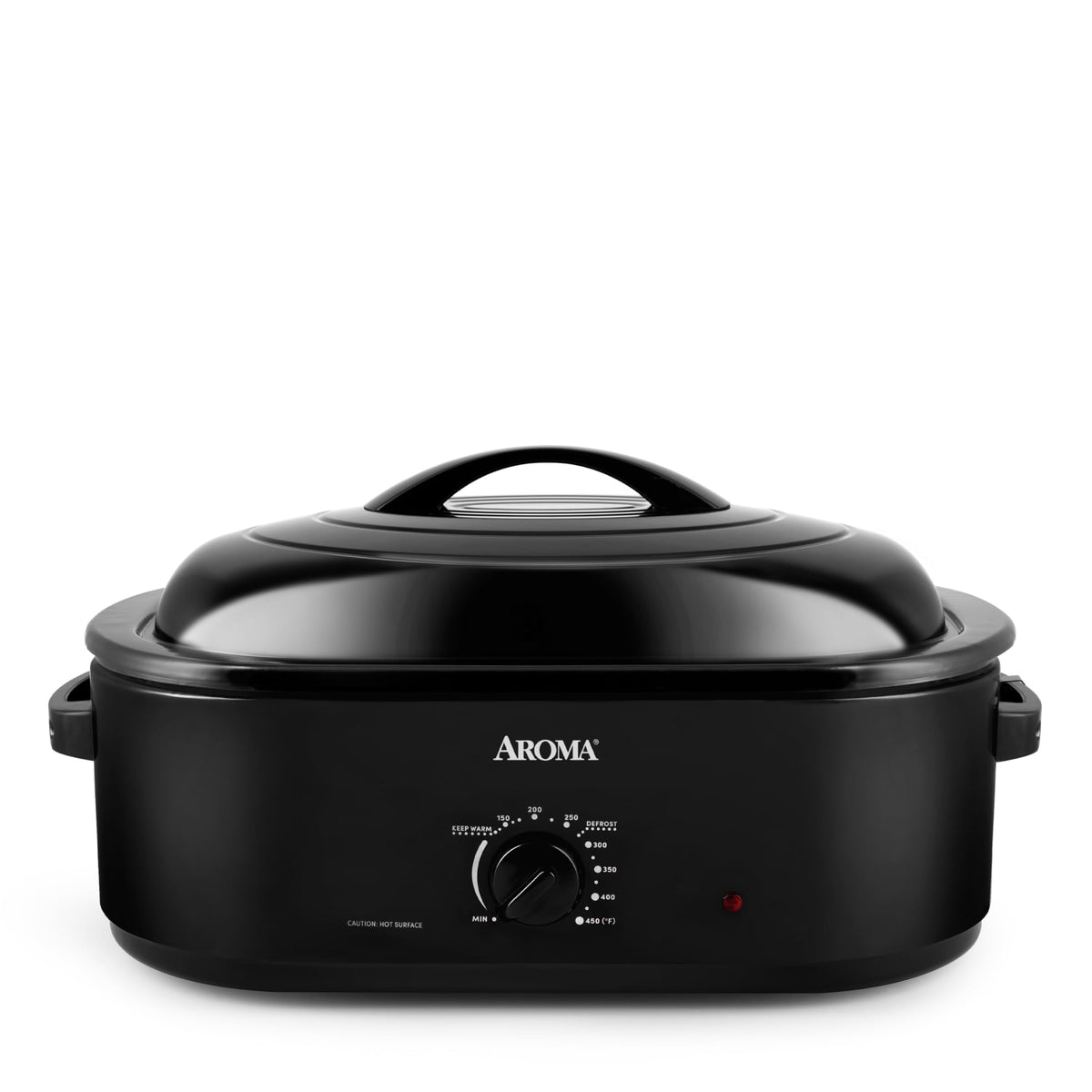 AROMA 18Qt roaster oven front view in stainless steel ready for family meals.
