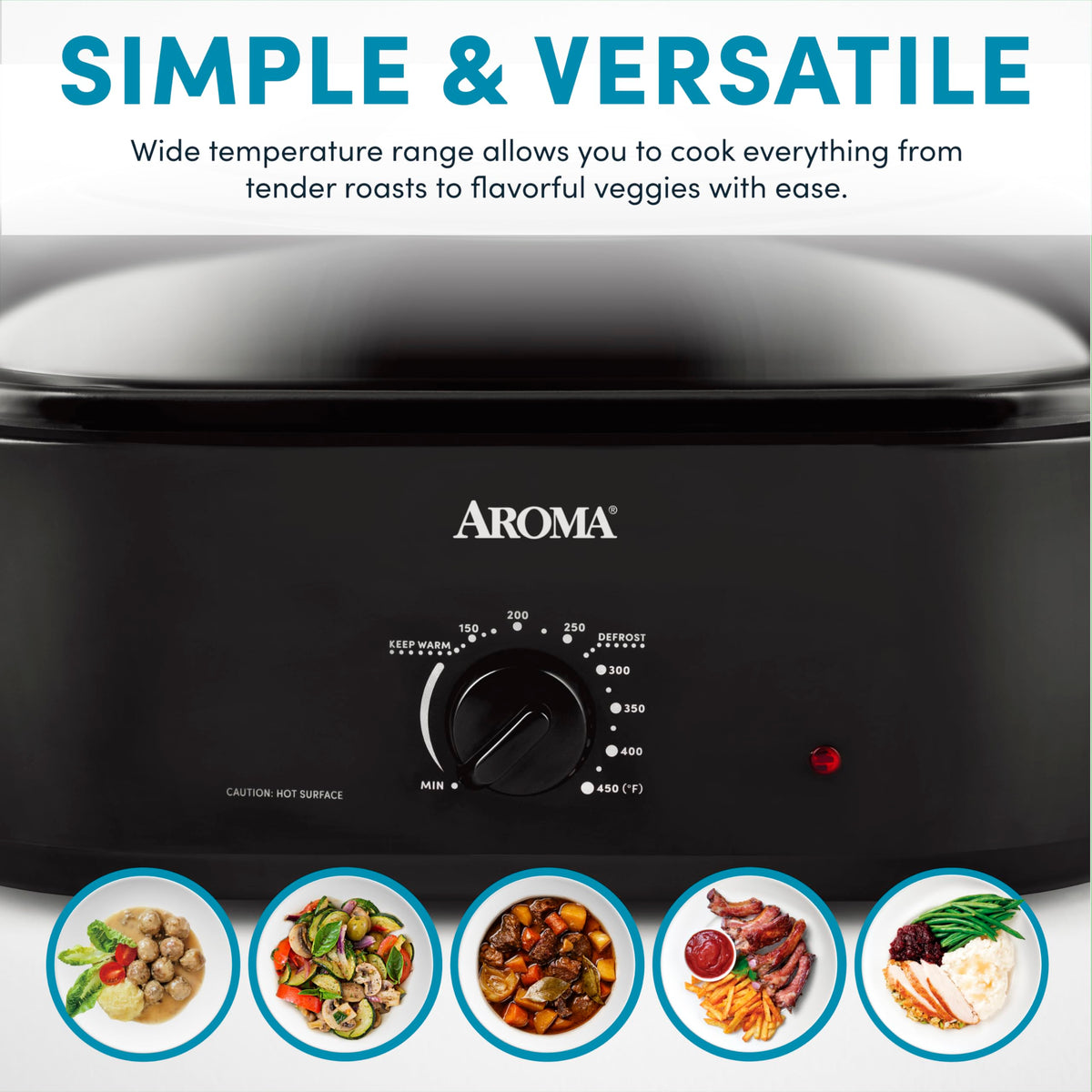 AROMA removable baking pan for effortless cleanup after roasting.