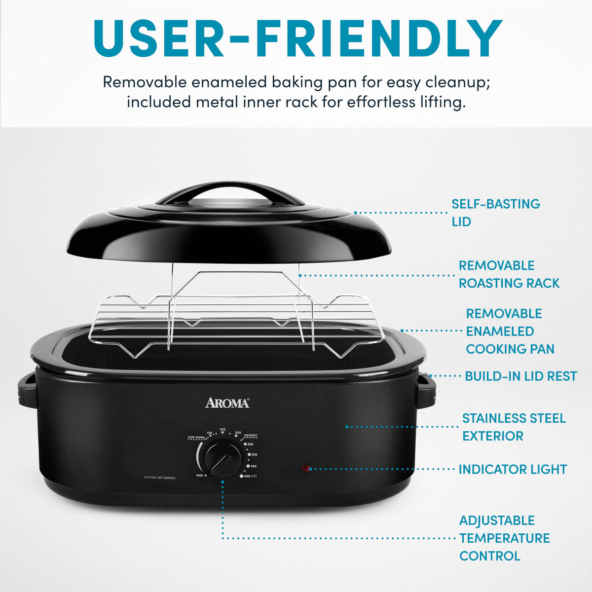 AROMA metal inner rack eases lifting heavy roasts without tearing skin.