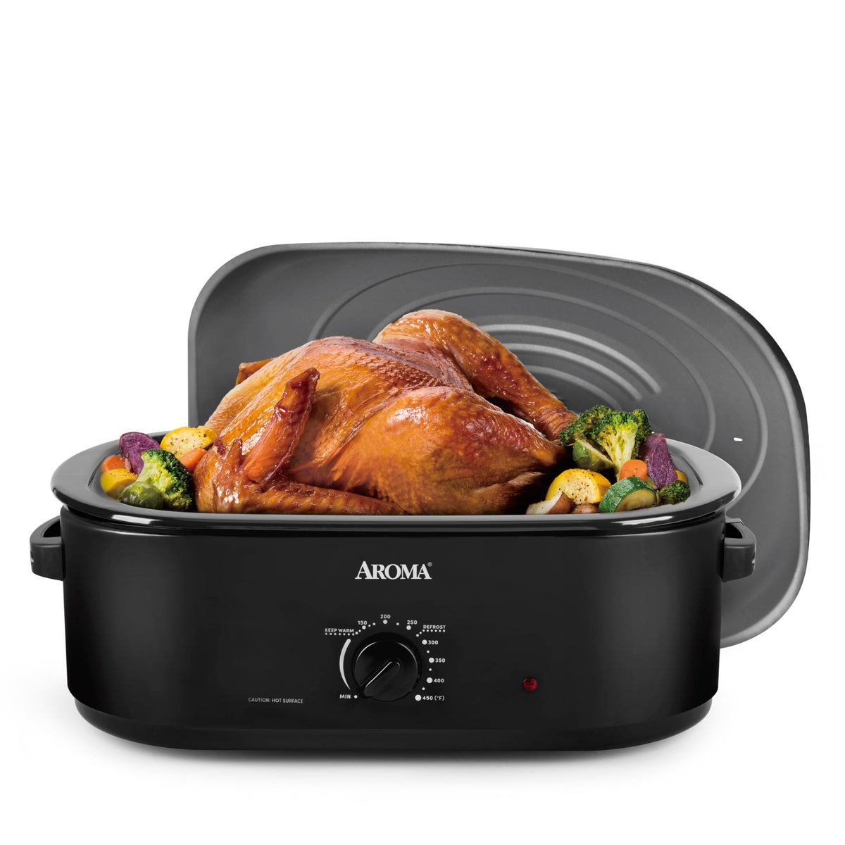 AROMA 18Qt roaster oven self-basting lid in action with turkey.