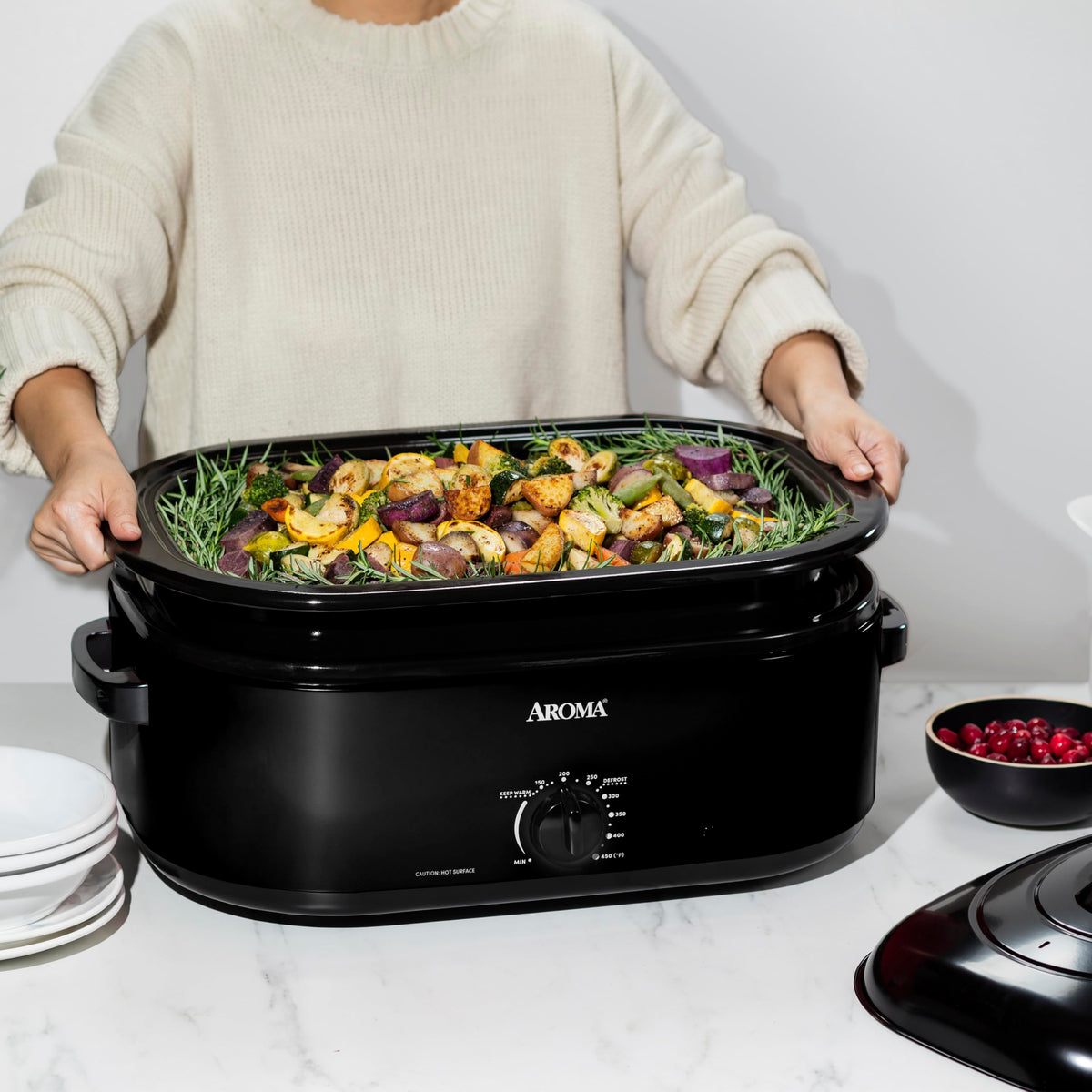 AROMA stainless steel exterior adds elegance and easy cleanup.