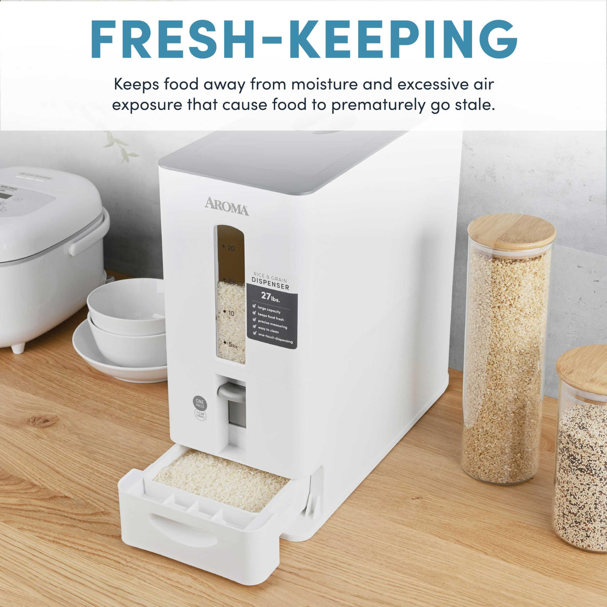 AROMA rice dispenser airtight lid close-up keeps moisture out