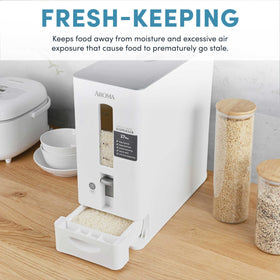 AROMA rice dispenser airtight lid close-up keeps moisture out