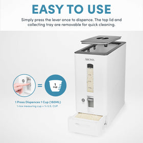 AROMA rice dispenser with drawer open for easy pouring
