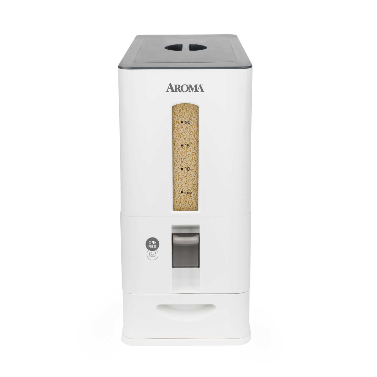 AROMA 27lb rice dispenser front view showcases large capacity and clean design