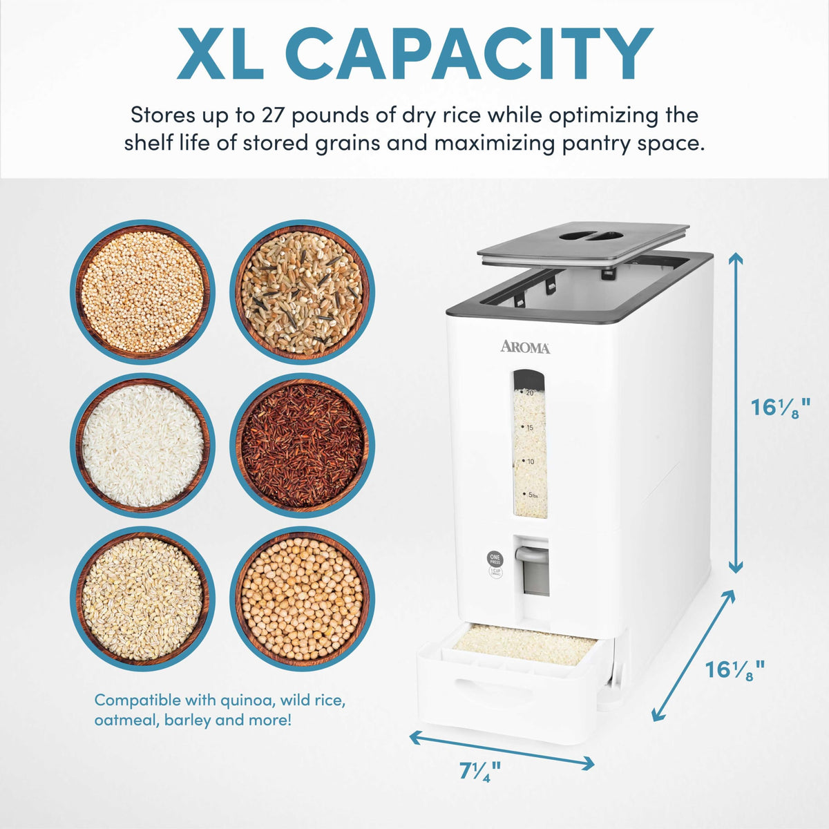 AROMA 27lb dispenser vertical window shows grain level at a glance