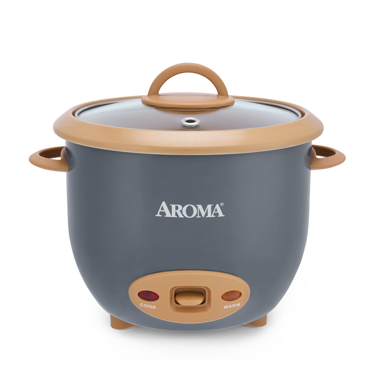 AROMA 6-Cup rice cooker with caramel panel enables effortless one-touch meals.