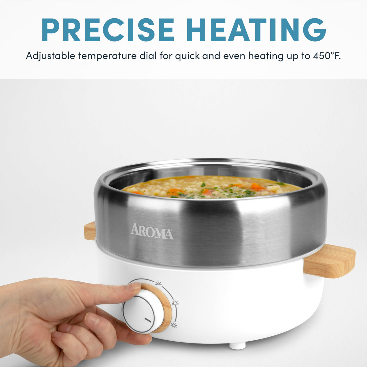 AROMA AMC-130 tempered glass lid containing splatters during cooking.