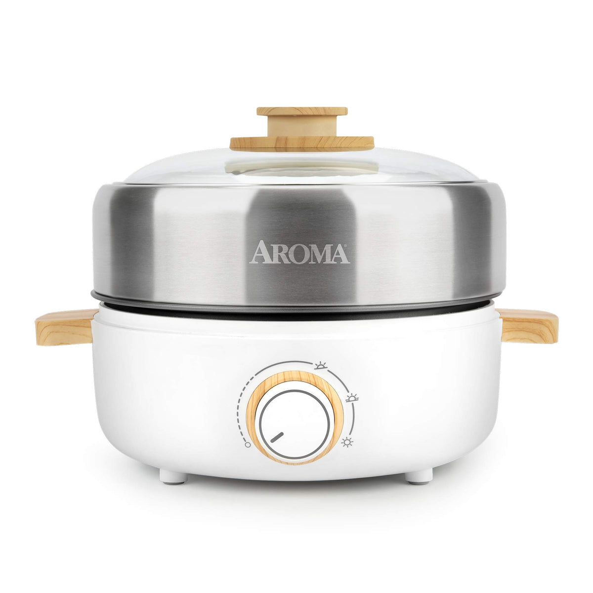 AROMA AMC-130 pot top view showing compact 2-in-1 design for small kitchens.