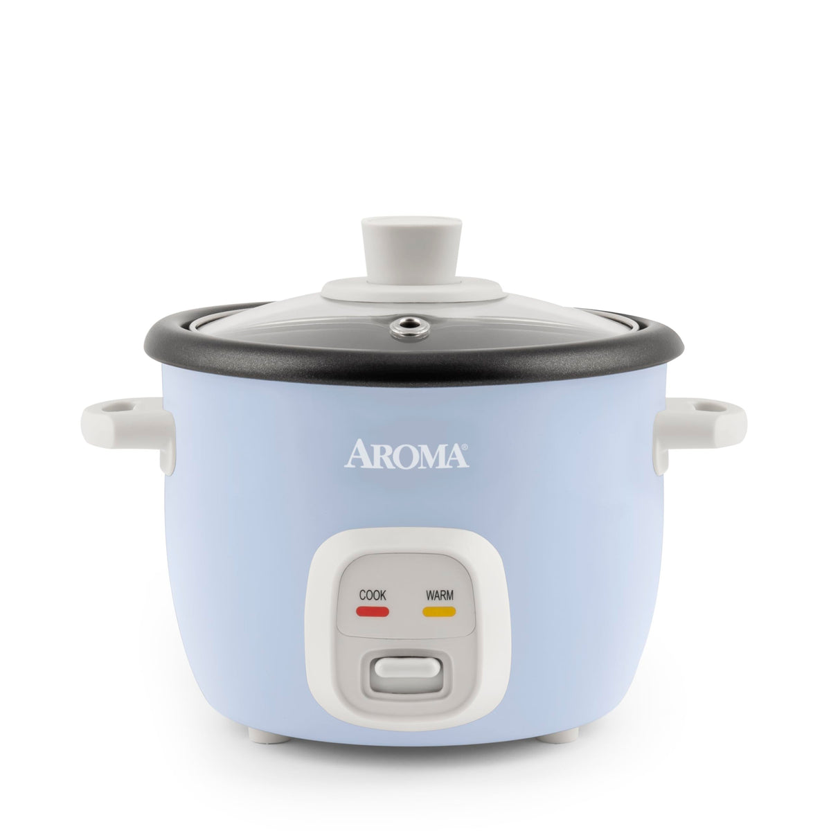 AROMA ARC-302NGBL blue front view, compact cooker for quick rice.