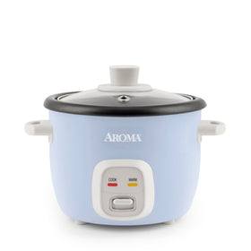 AROMA ARC-302NGBL blue front view, compact cooker for quick rice.