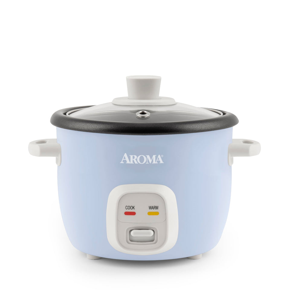 AROMA ARC-302NGBL blue front view, compact cooker for quick rice.