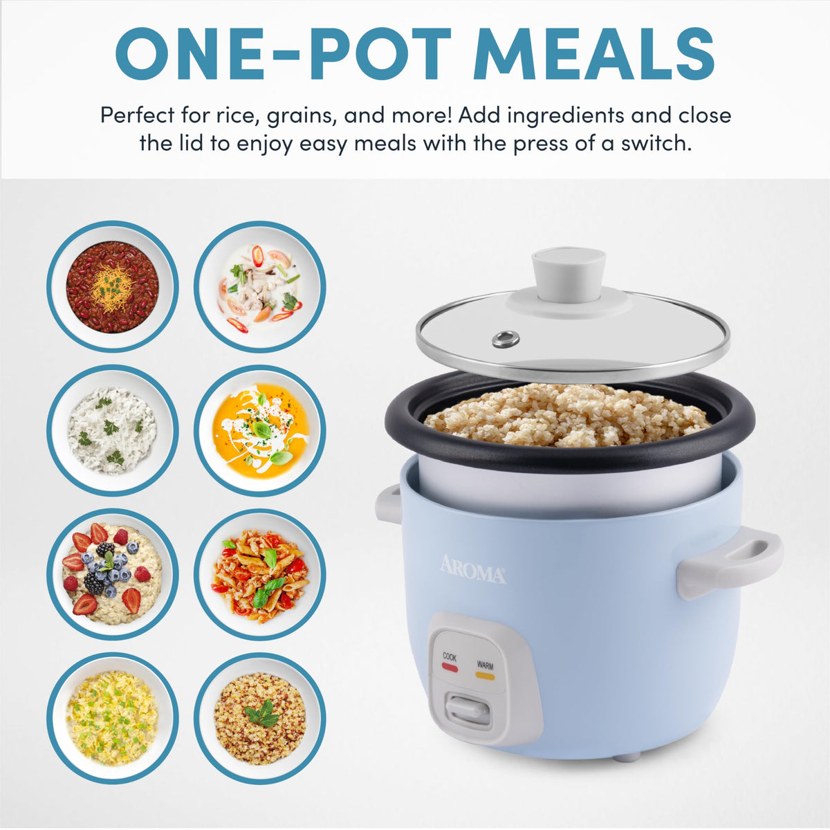 AROMA ARC-302NGBL blue inner pot nonstick for easy cleanup.