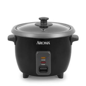 AROMA ARC-363NGB front view showing a compact rice cooker for small kitchens