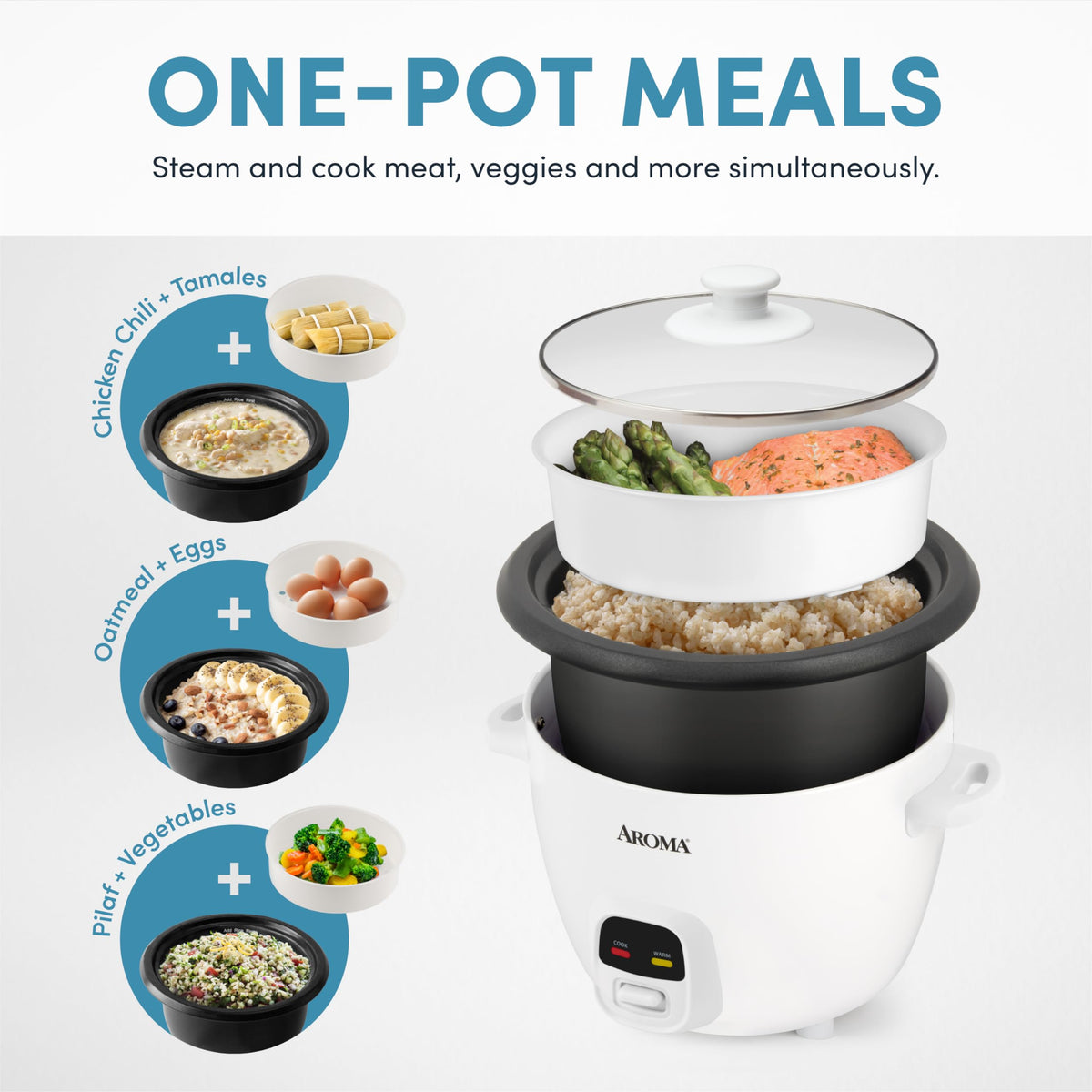 AROMA ARC-390NGP steam tray enables simultaneous cooking of proteins and vegetables.