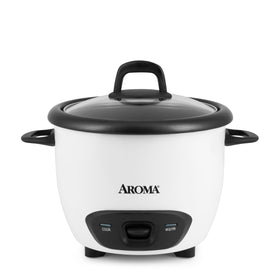 AROMA ARC-743G front view rice cooker, compact design for small kitchens.