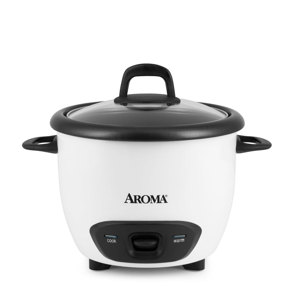 AROMA ARC-743G front view rice cooker, compact design for small kitchens.
