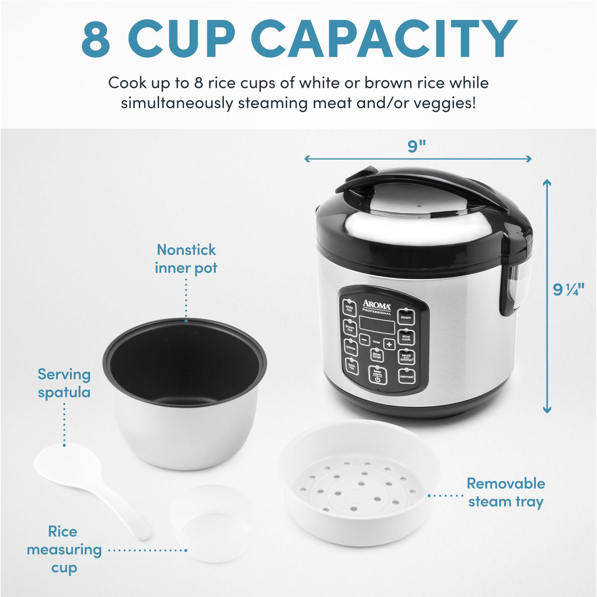 AROMA ARC-954SBD quick rice function speeds weeknight meals.