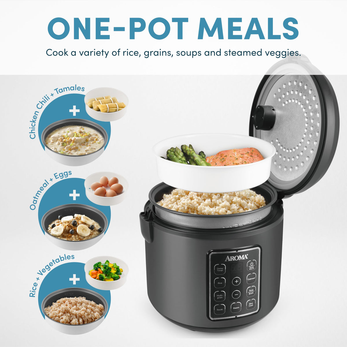 AROMA ARC-966BD steam tray enabling healthy steam-cooked sides while rice cooks below.