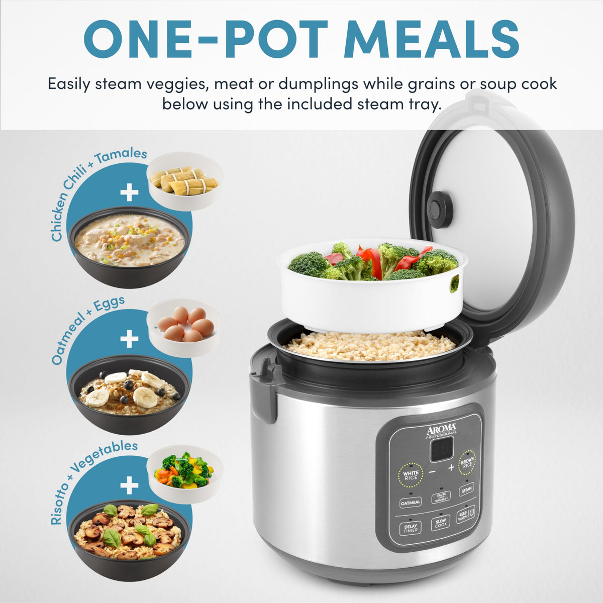 AROMA ARC-994SG steam tray enables healthy steam cooking while rice cooks below