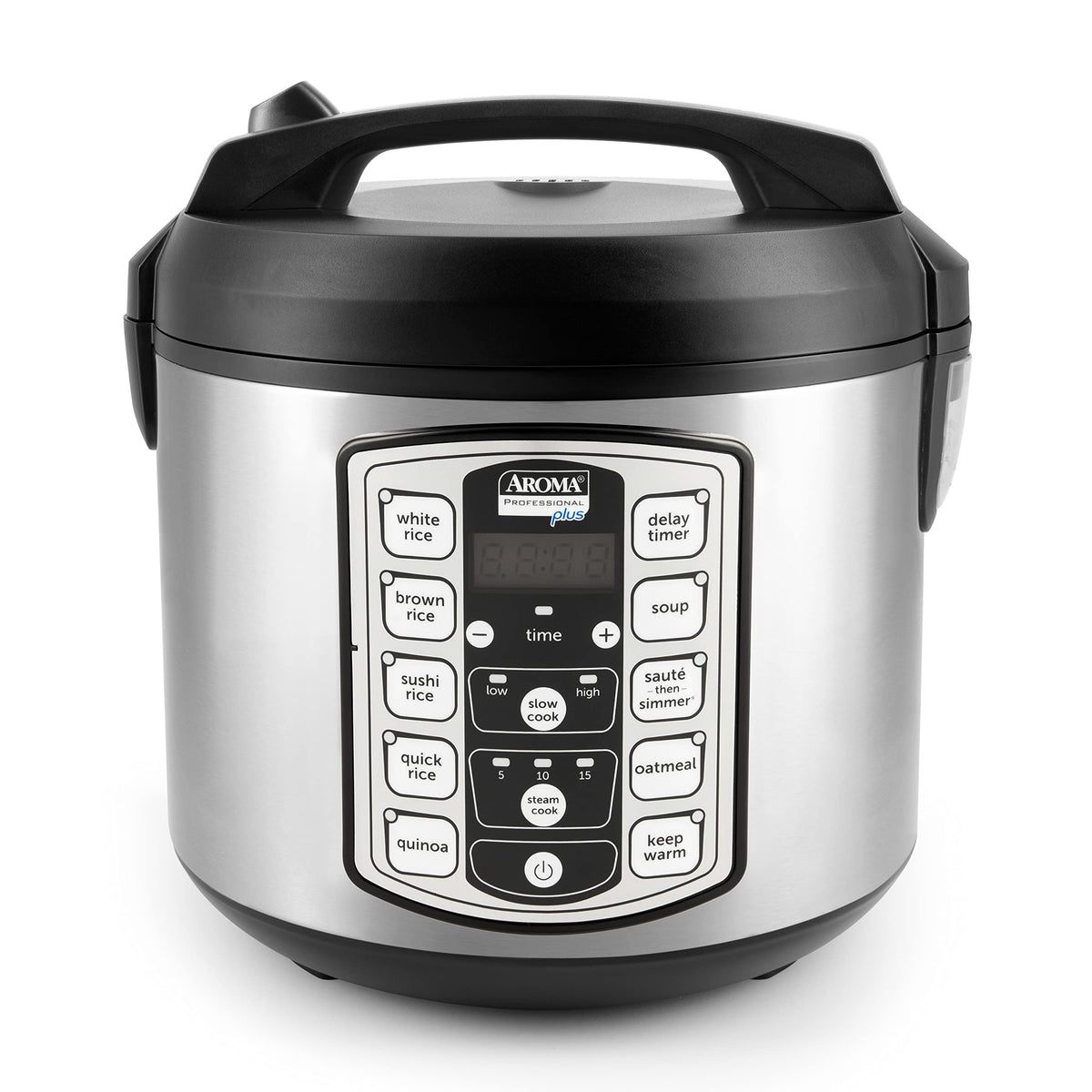 AROMA ARC-5000SB front view in stainless steel, compact all-in-one cooker.