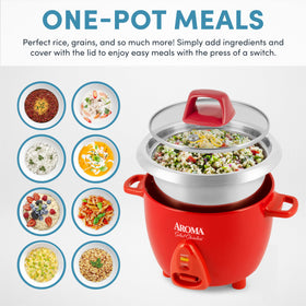 AROMA ARC-753SGR red exterior with easy controls for quick, reliable meals.