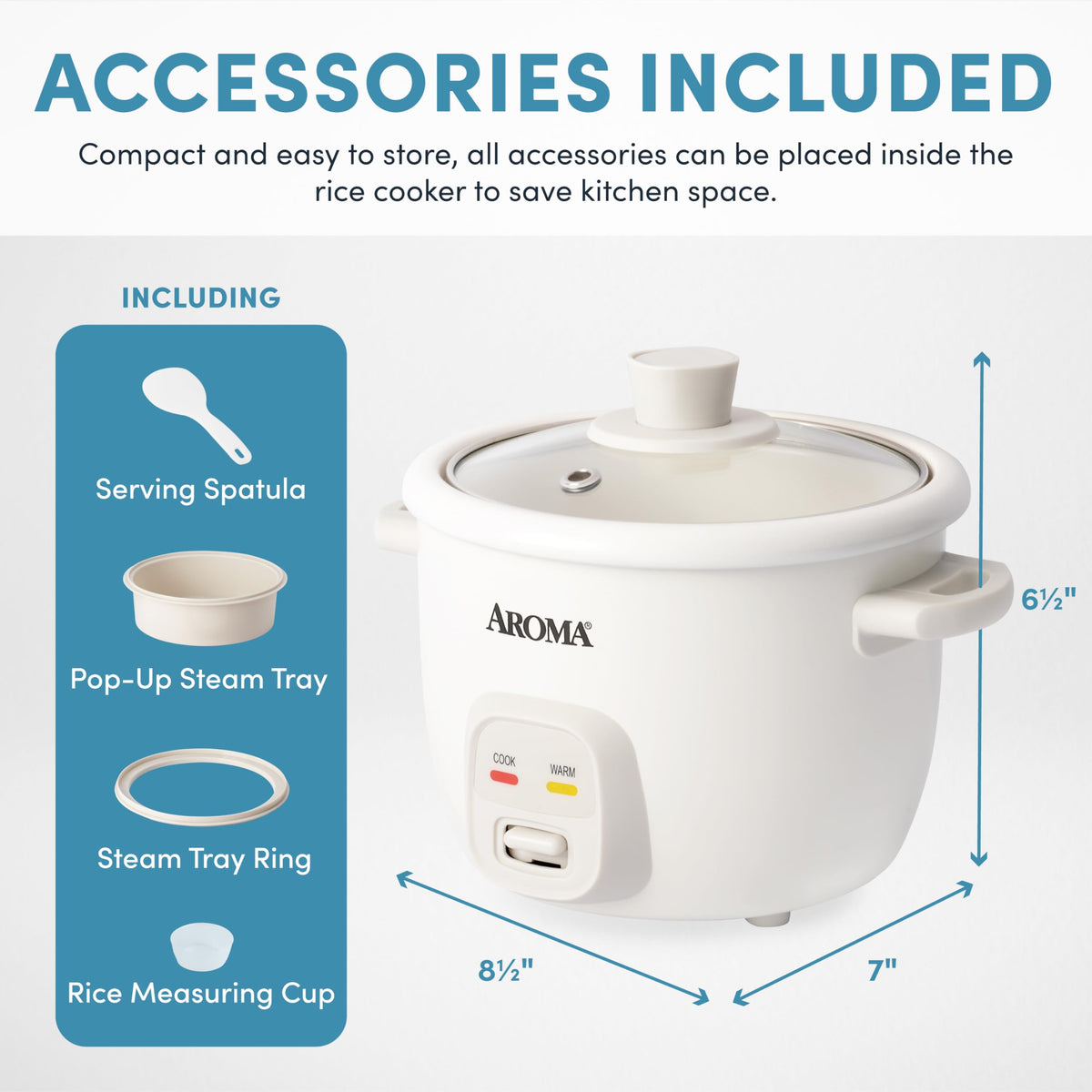 AROMA CoreCoat demonstrates 2-cups raw rice to 4-cups cooked capacity.
