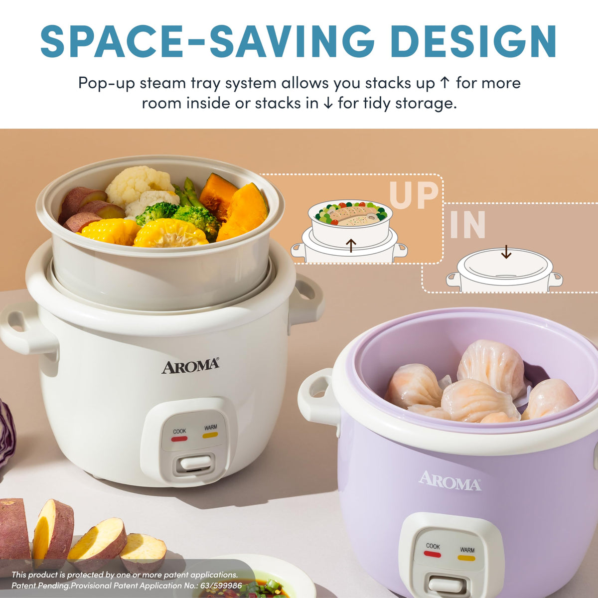 AROMA CoreCoat rice cooker with nesting storage for steamer basket and pot.