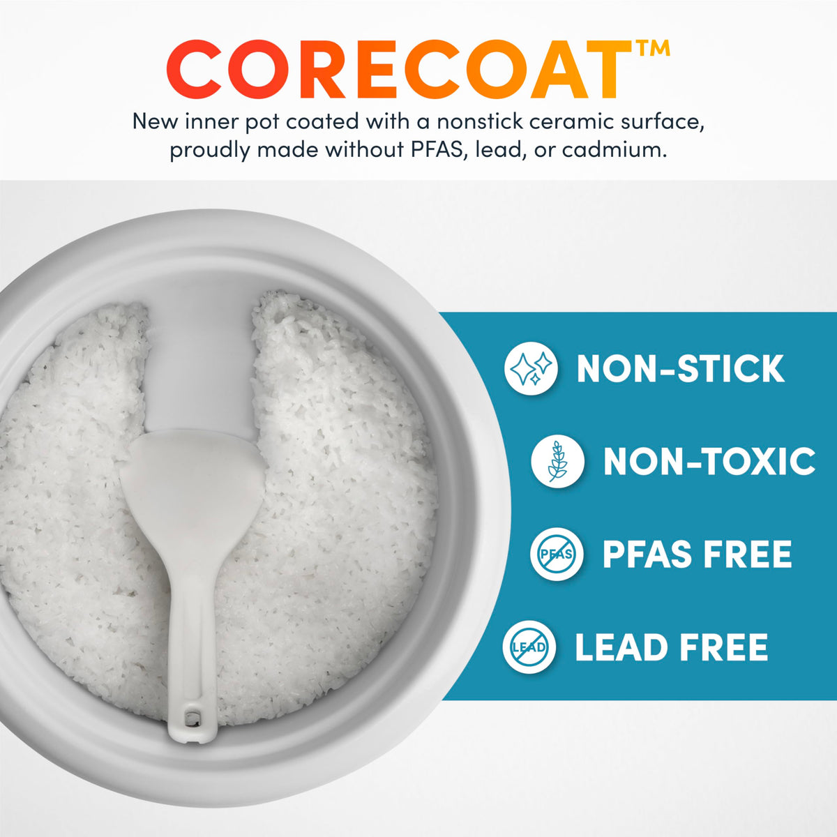 AROMA CoreCoat multi-use design, steam vegetables or meat above while rice cooks below.
