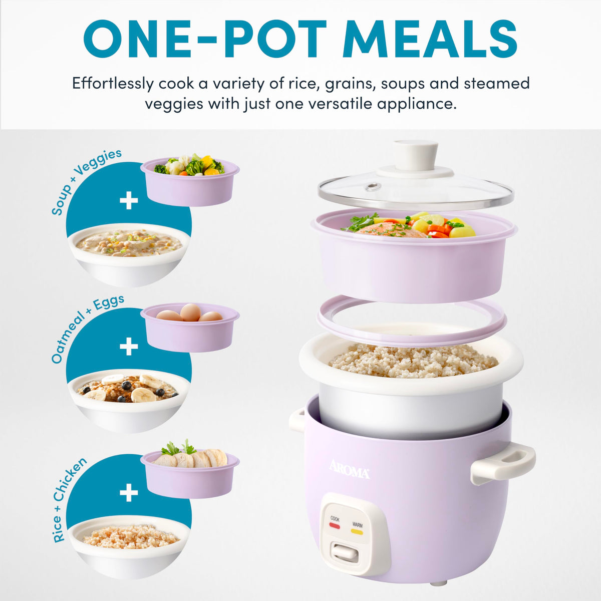 AROMA rice cooker showing nested steaming basket for compact storage in small kitchens.