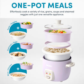 AROMA rice cooker showing nested steaming basket for compact storage in small kitchens.