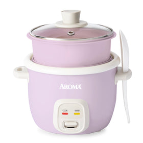AROMA CoreCoat rice cooker with pop-up steamer basket for integrated steaming and rice cooking.