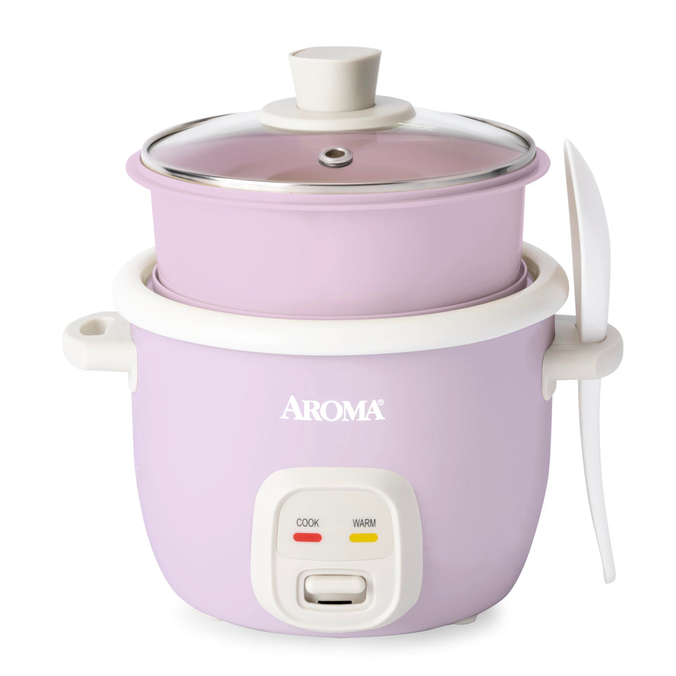 AROMA CoreCoat rice cooker with pop-up steamer basket for integrated steaming and rice cooking.