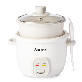 AROMA CoreCoat rice cooker with pop-up steamer, space-saving design for compact kitchens.