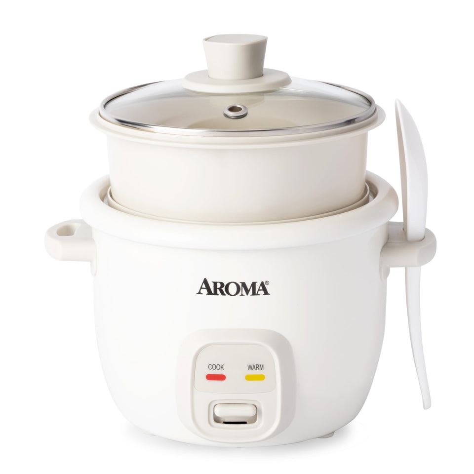 AROMA CoreCoat rice cooker with pop-up steamer, space-saving design for compact kitchens.