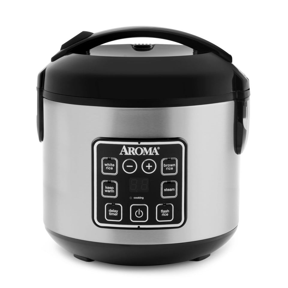 AROMA digital rice cooker front view showing compact stainless steel design for kitchens