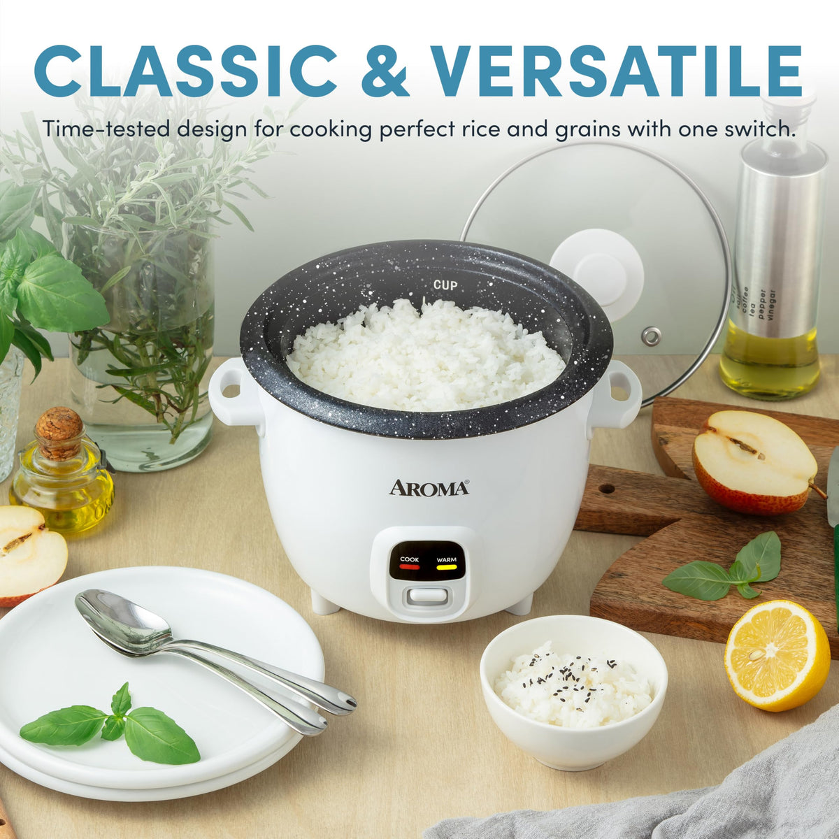 AROMA measurement lines inside the pot help portion soups or oats.