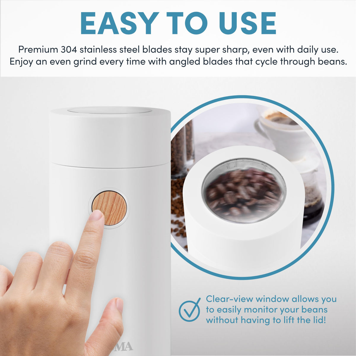 AROMA blades close-up highlights premium 304 stainless steel and sharp, consistent cuts.