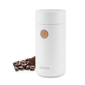 AROMA mini coffee grinder front view, compact white design for versatile grinding.