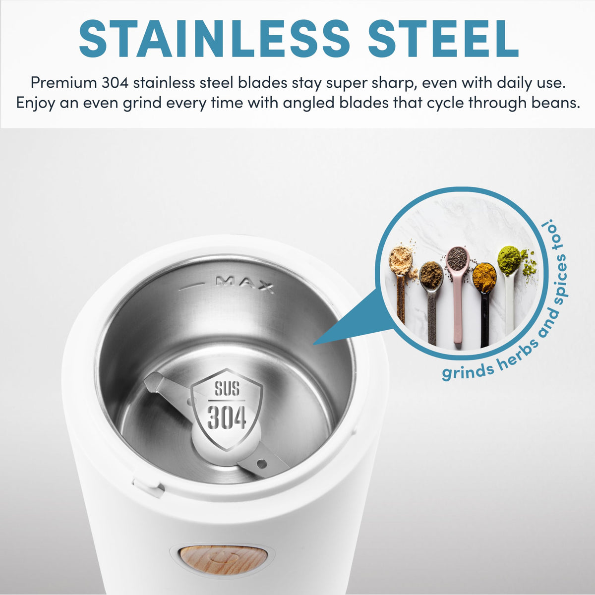 AROMA grinder transparent top shows beans as they grind to texture.