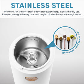 AROMA grinder transparent top shows beans as they grind to texture.