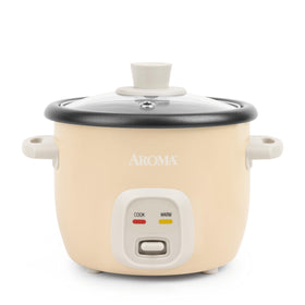 AROMA Mini Rice Cooker shows 2-cup uncooked capacity for precise portions and quick meals