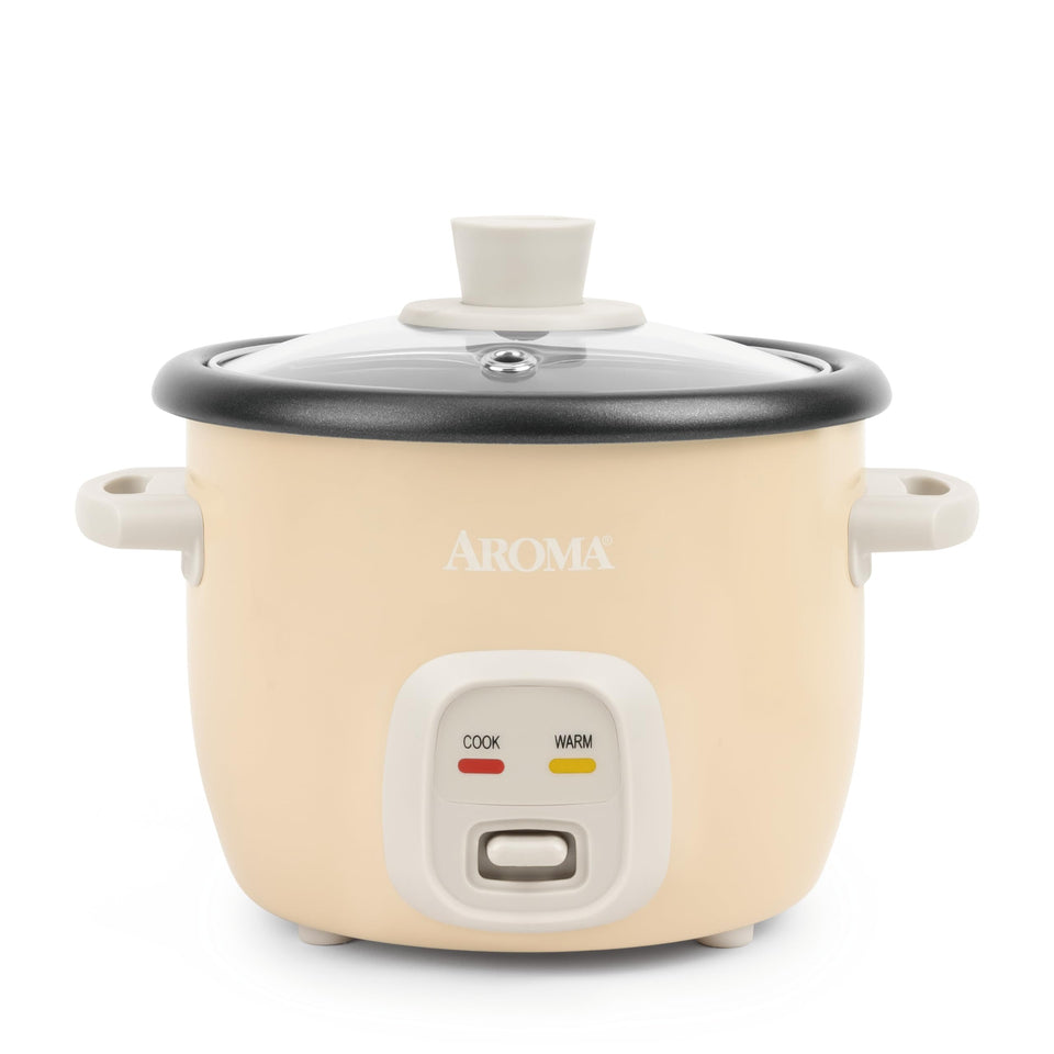 AROMA Mini Rice Cooker shows 2-cup uncooked capacity for precise portions and quick meals